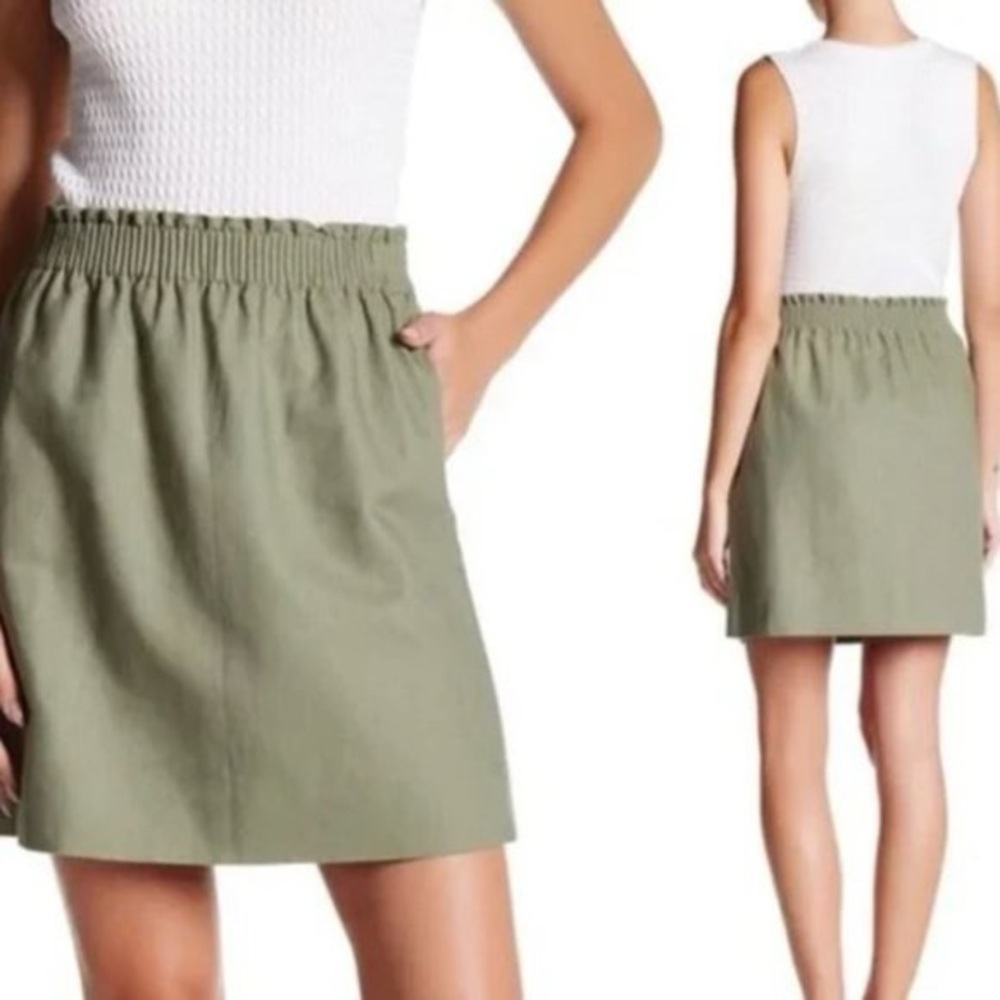 J. Crew Olive Green Skirt, Linen Cotton Blend, Size 14, Elastic Waistband